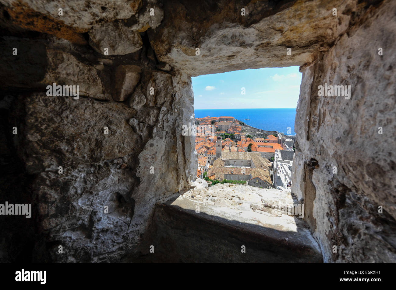 The old town of Dubrovnik, from the fortified wall looking down onto the red tiled roofs Stock Photo