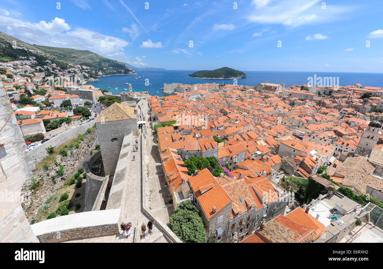 The old town of Dubrovnik, from the fortified wall looking down onto the red tiled roofs Stock Photo