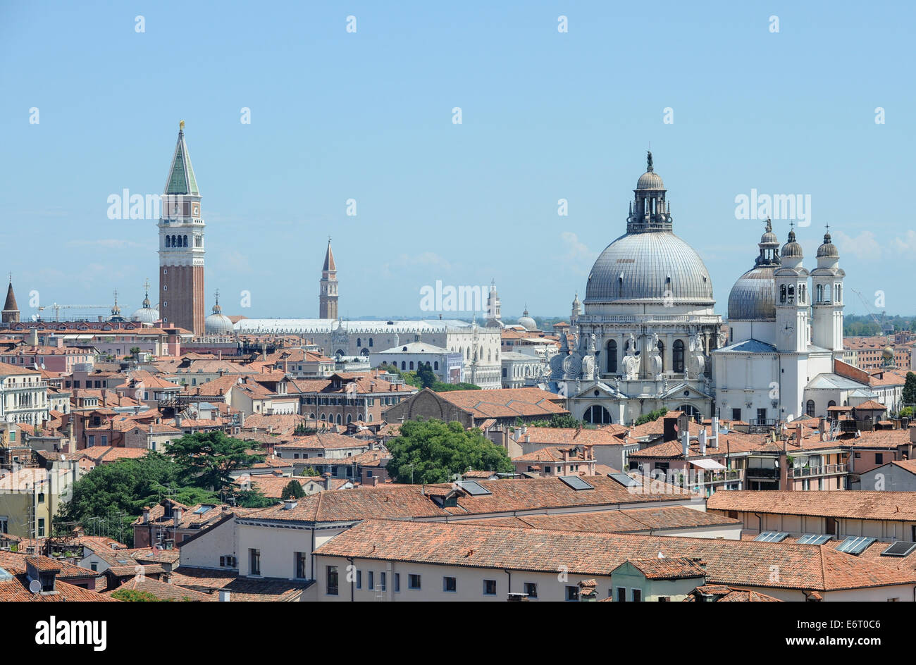 The skyline of Venice towers, Domes and red tiled roofs. Stock Photo