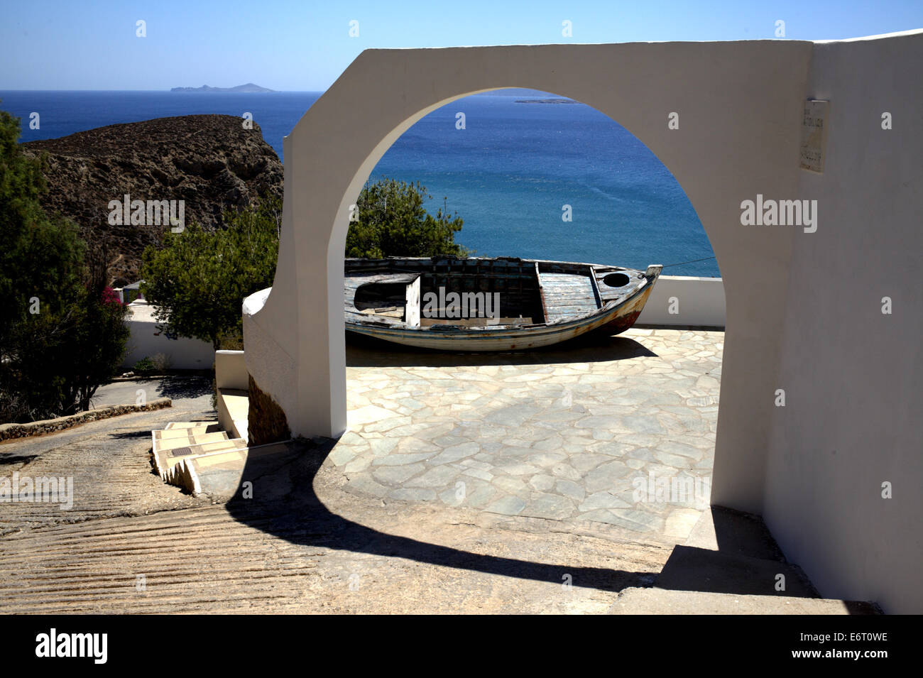 An abandoned boat at the Anafi Island, Cyclades, Greece. Stock Photo