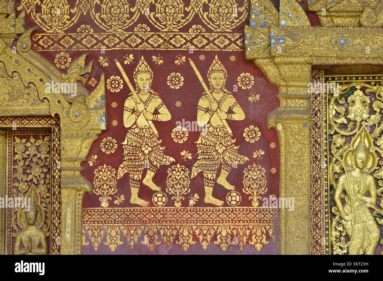 Detail of an engraving of Wat Saen in Luang Prabang, Laos Stock Photo