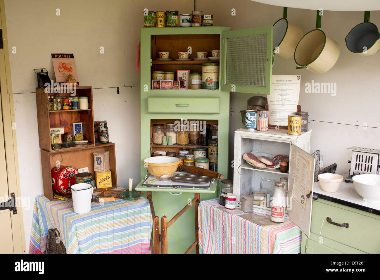 Replica 1940s wartime english kitchen at a historical reenactment. Military Odyessy show at Detling, Kent, UK Stock Photo