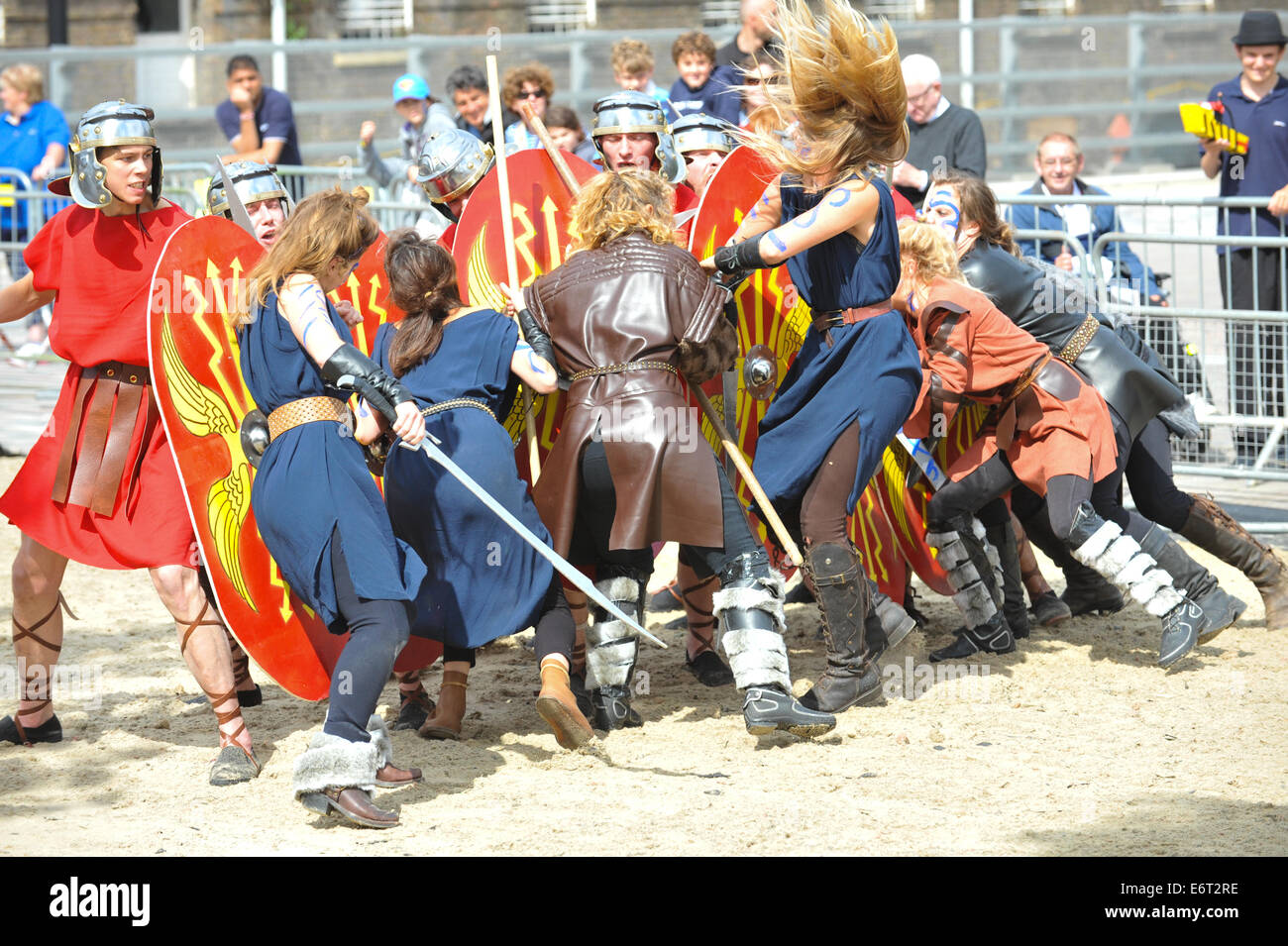 Granary Square, Kings Cross, London, UK. 30th August 2014. Are-enactment of Romans versus Britons at the Romans vs Boudicca event in Granary Square. Credit:  Matthew Chattle/Alamy Live News Stock Photo