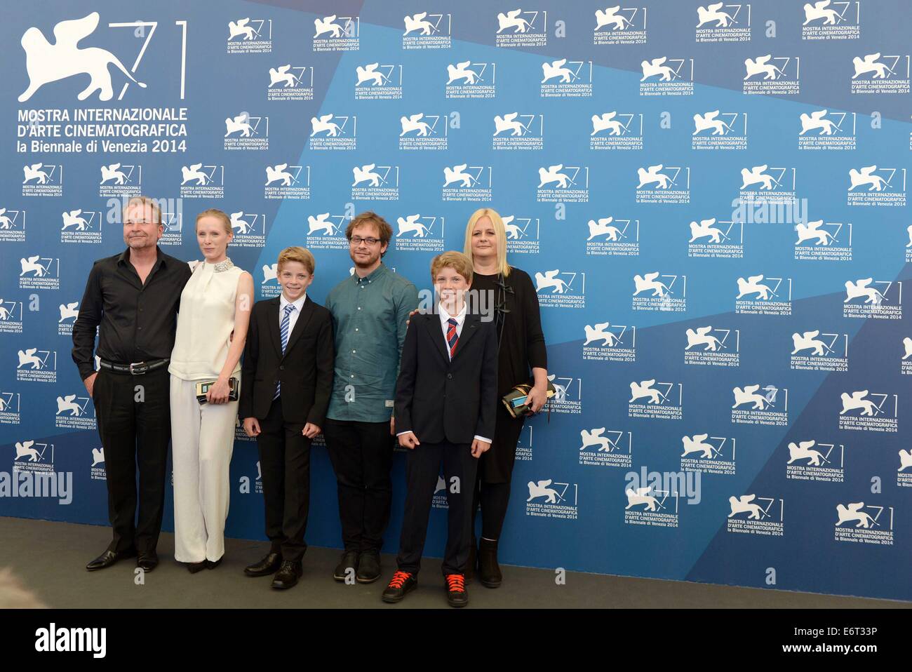 Venice, Italy. 30th Aug, 2014. Producer Ulrich Seidl, actress Susanne Wuest, actor Lukas Schwarz, director Severin Fiala, actor Elias Schwarz and director Veronika Franz (from L to R) pose during the photo call for the movie 'Ich Seh Ich Seh' ('Goodnight Mommy') which is selected for the horizons competition during the 71st Venice Film Festival in Lido of Venice, Italy, on Aug. 30, 2014. Credit:  Liu Lihang/Xinhua/Alamy Live News Stock Photo