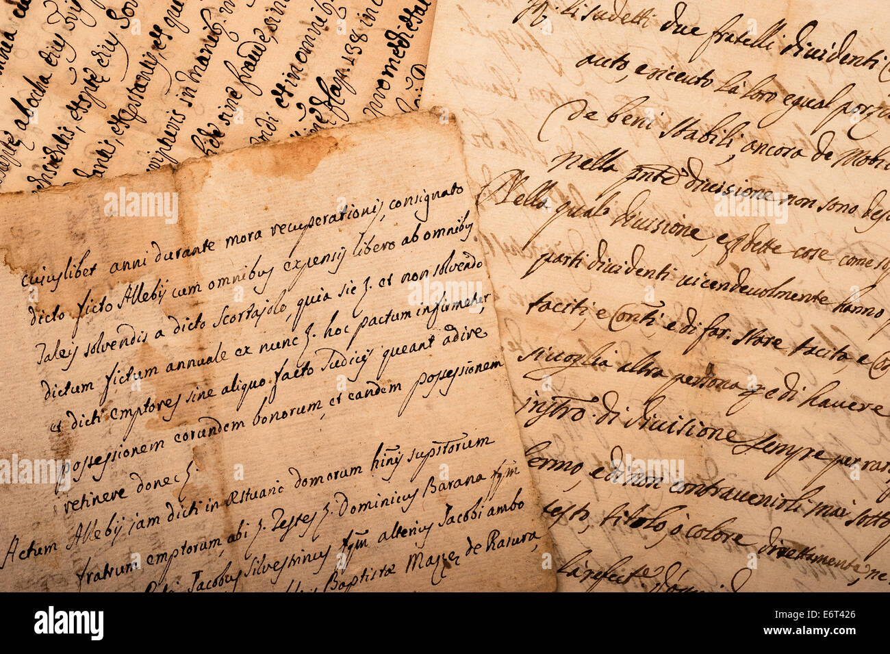 old manuscripts written on old dirty sheets Stock Photo