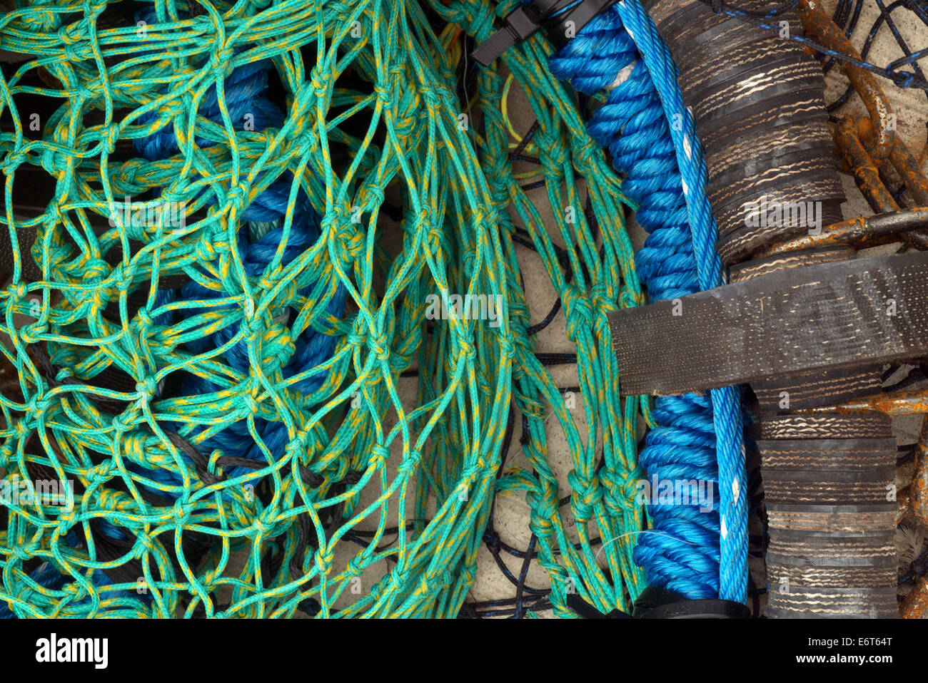 Fishing boat still life, showing nets, buoys and various trawler and