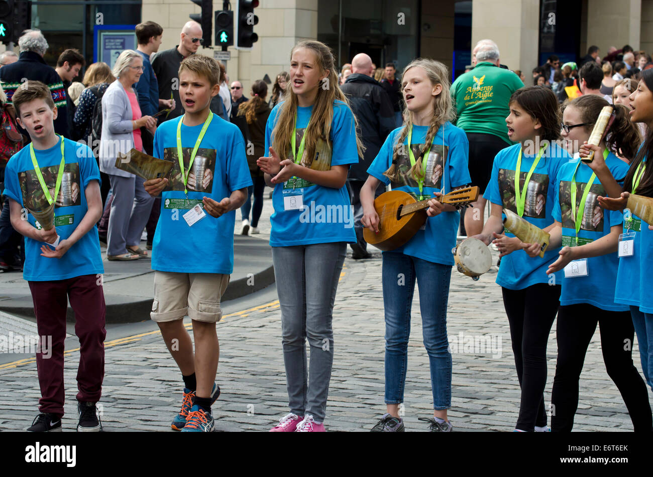 School singing group promoting a show at the annual Festival Fringe in Edinburgh, Scotland. Stock Photo