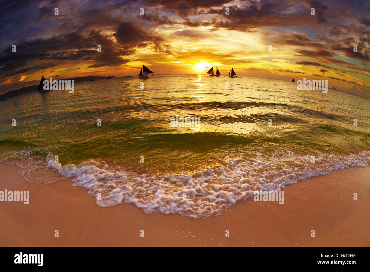 Tropical beach at sunset, Boracay island, Philippines, fisheye shot Stock Photo