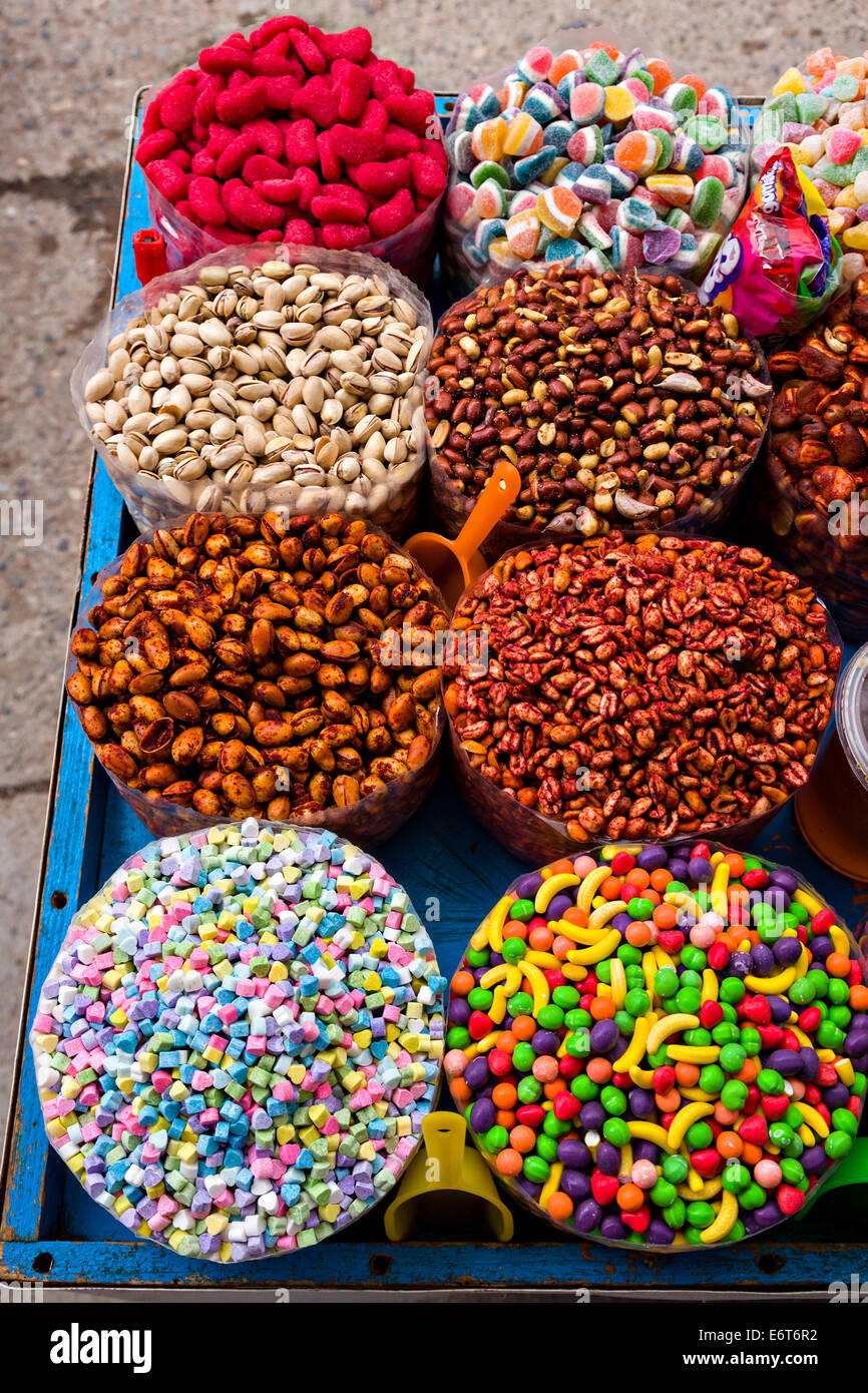 Colorful snack food and local candy on display at the Sunday market in ...