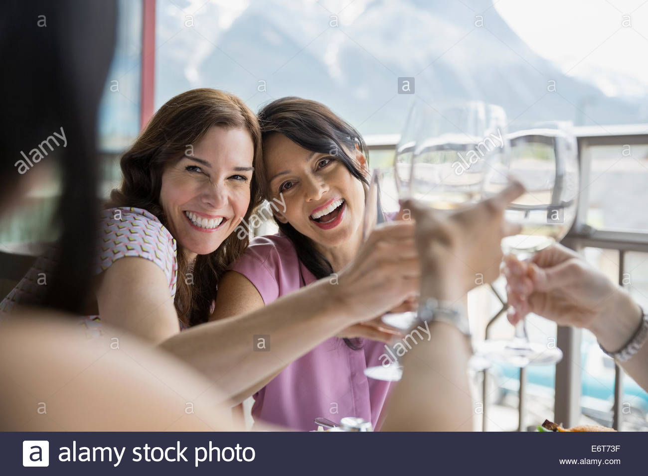 Women toasting each other in restaurant Stock Photo Alamy