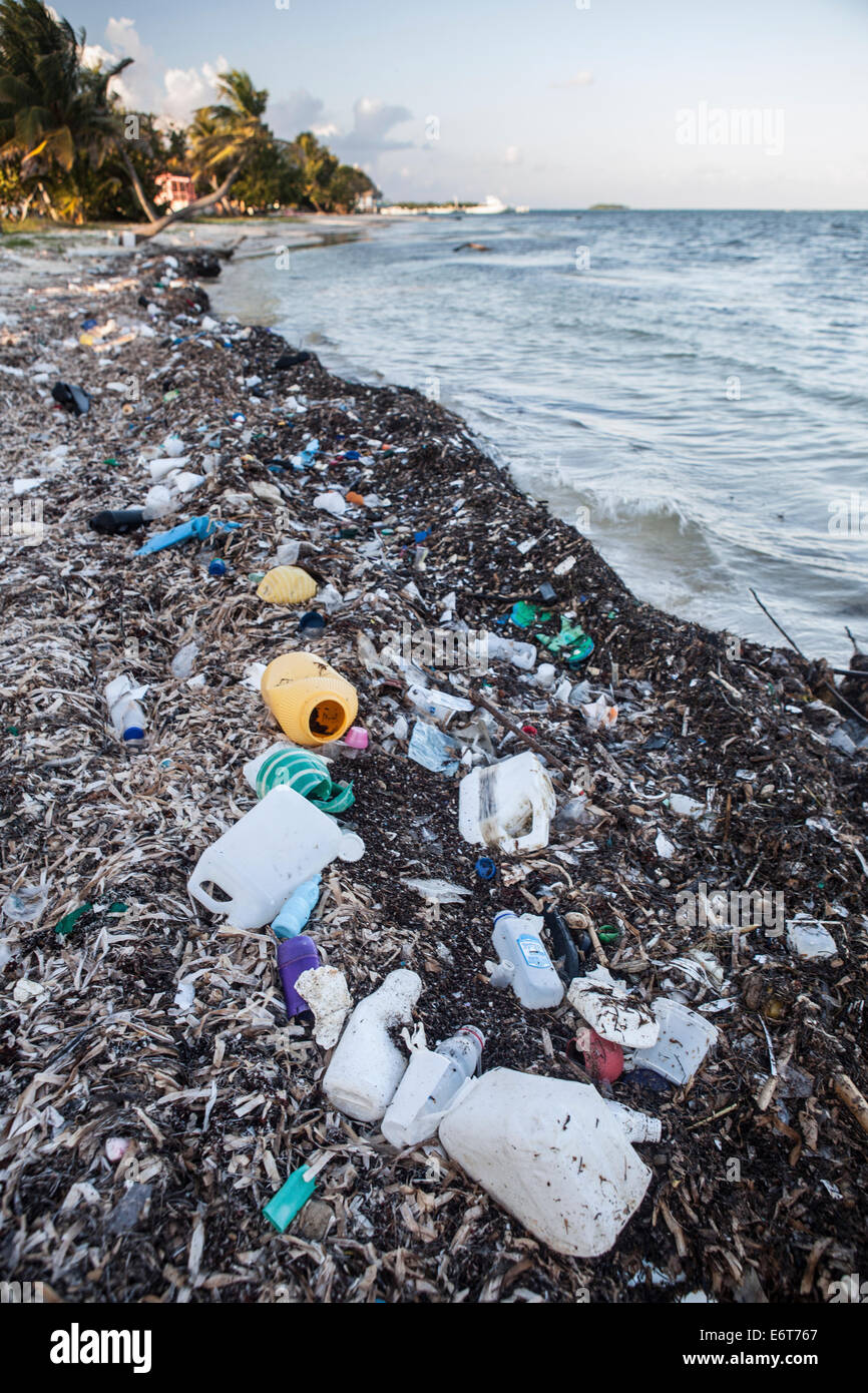 Plastic Waste washed up at shore, Turneffe Atoll, Caribbean, Belize Stock Photo