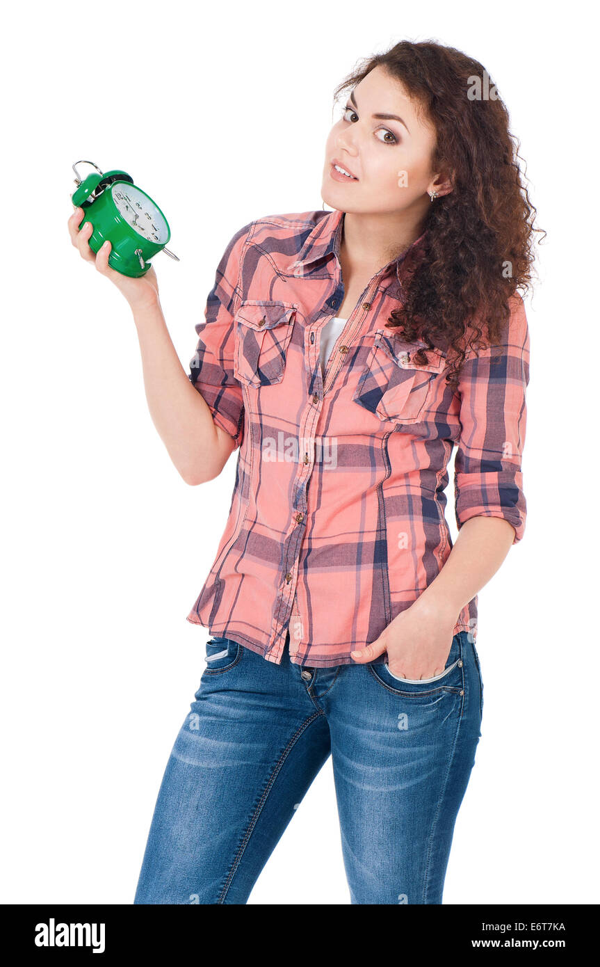 Girl with alarm clock Stock Photo Alamy