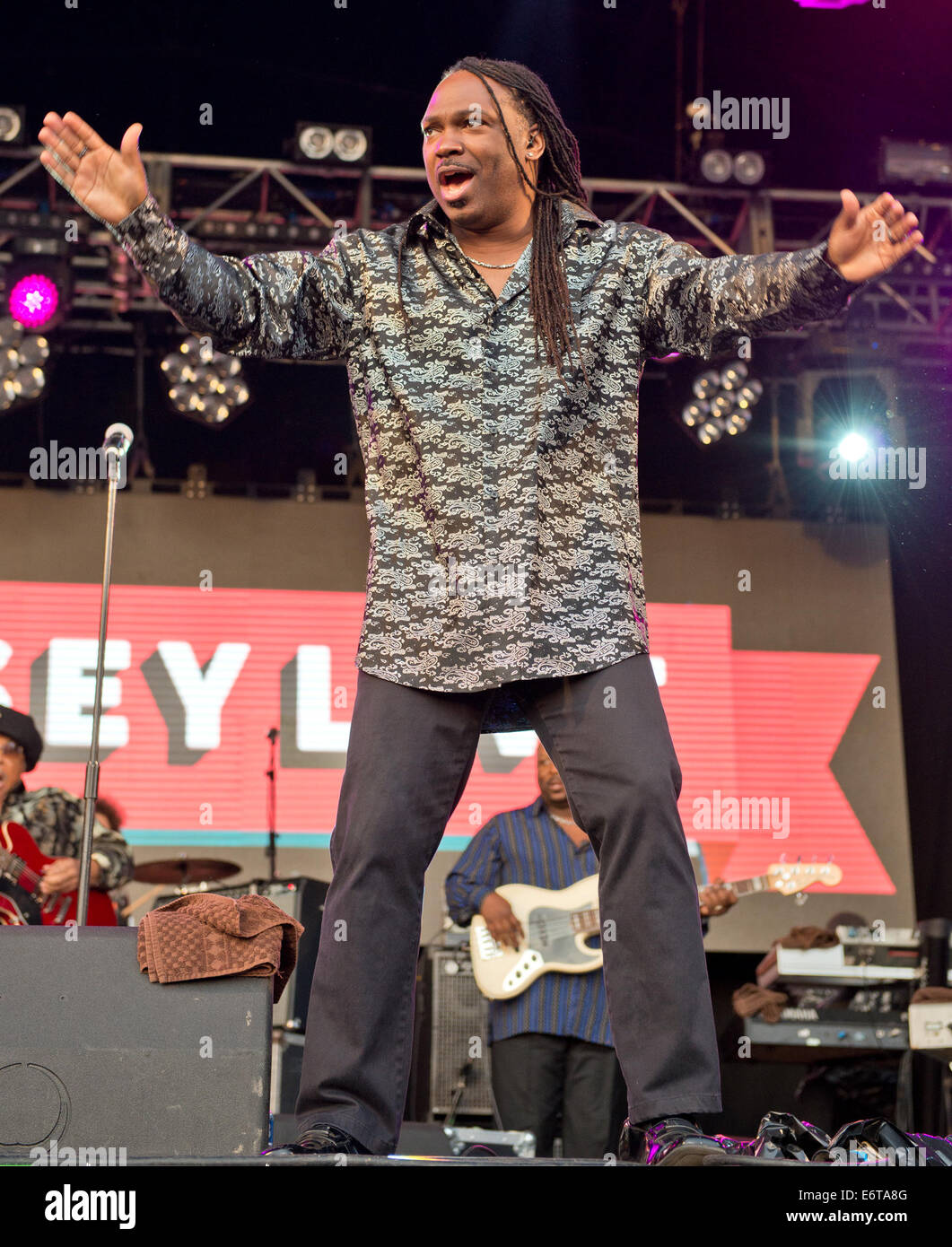 Trinity, Channel Islands. 30th Aug, 2014. Picture :Royal Jersey Showground, Trinity, Jersey. 30th August, 2014. Jersey Live Festival Trinity Channel Isles.Earth Wind & Fire Experience feat. Al Mckay performing at Jersey Live Festival  Ref: Credit:  charlie bryan/Alamy Live News Stock Photo