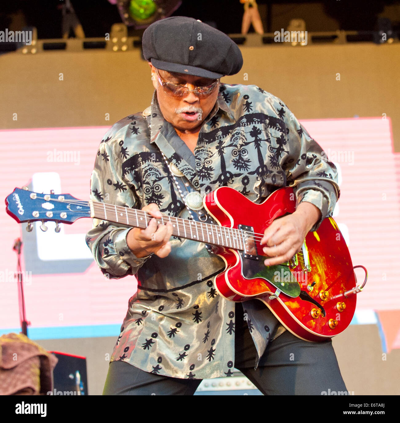 Trinity, Channel Islands. 30th Aug, 2014. Picture :Royal Jersey Showground, Trinity, Jersey. 30th August, 2014. Jersey Live Festival Trinity Channel Isles.Earth Wind & Fire Experience feat. Al Mckay performing at Jersey Live Festival  Ref: Credit:  charlie bryan/Alamy Live News Stock Photo