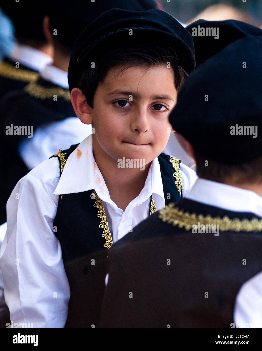 funny child portrait Vintage boy photo Greece Greek little boy in school uniform tunic children found snapshot *6022F boys and girls