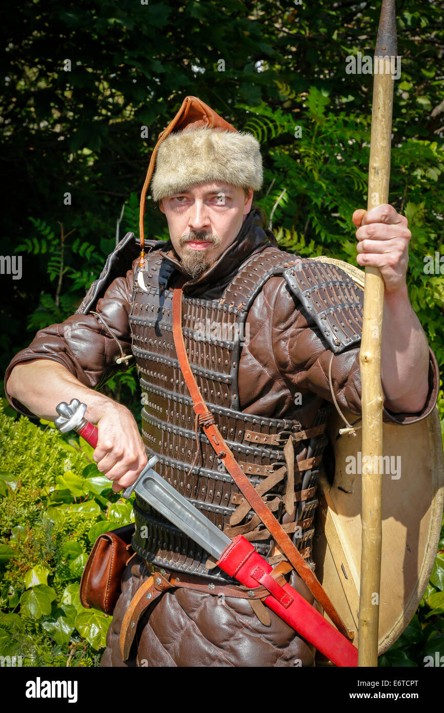 Period actor and Viking re-enactment enthusiast dressed in the war outfit of a 13th century Viking warrior, taking part in the V Stock Photo