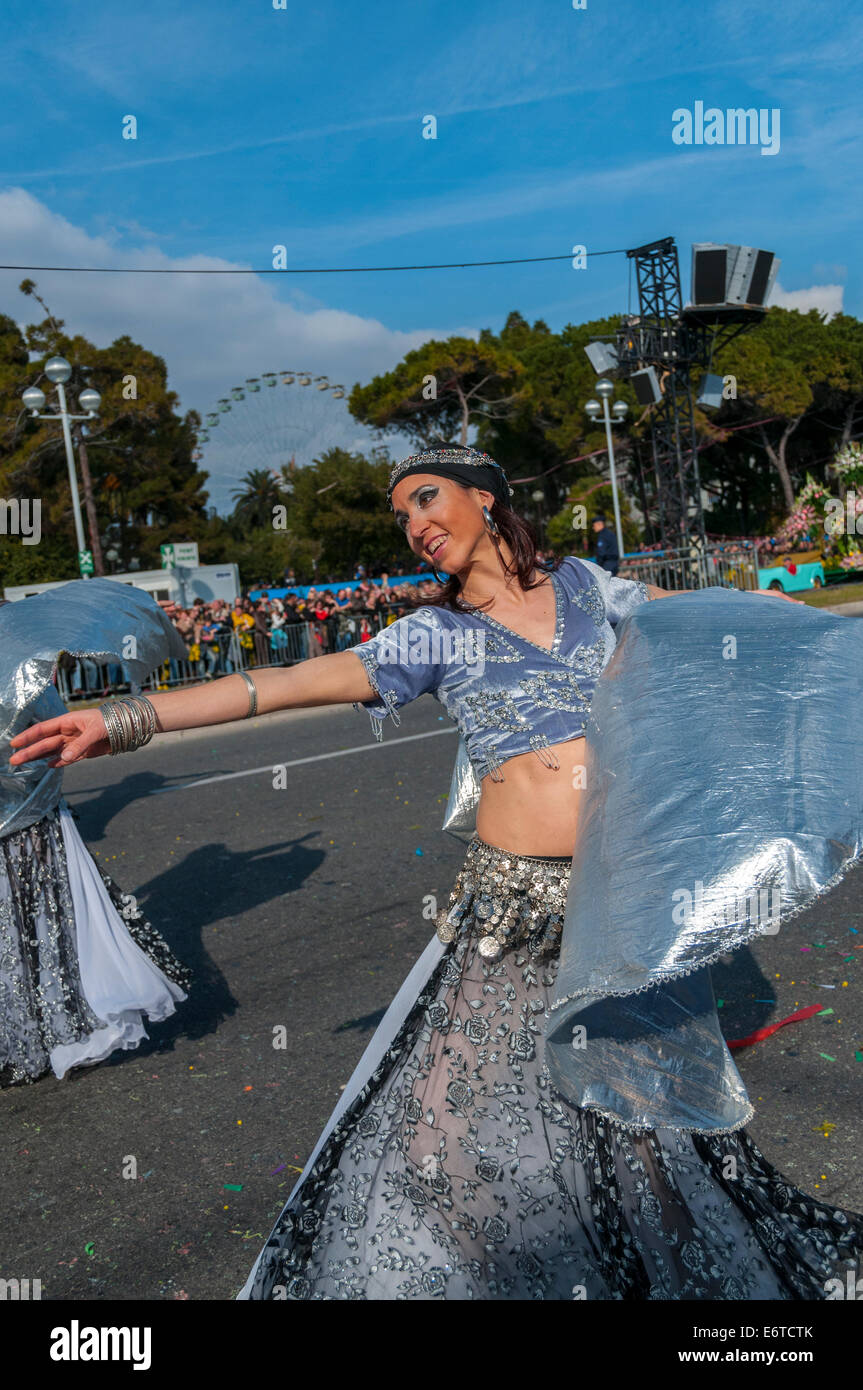 Nice, France, Woman in Costume, Dancing in Street, during Traditional Spring Carnival parade Stock Photo