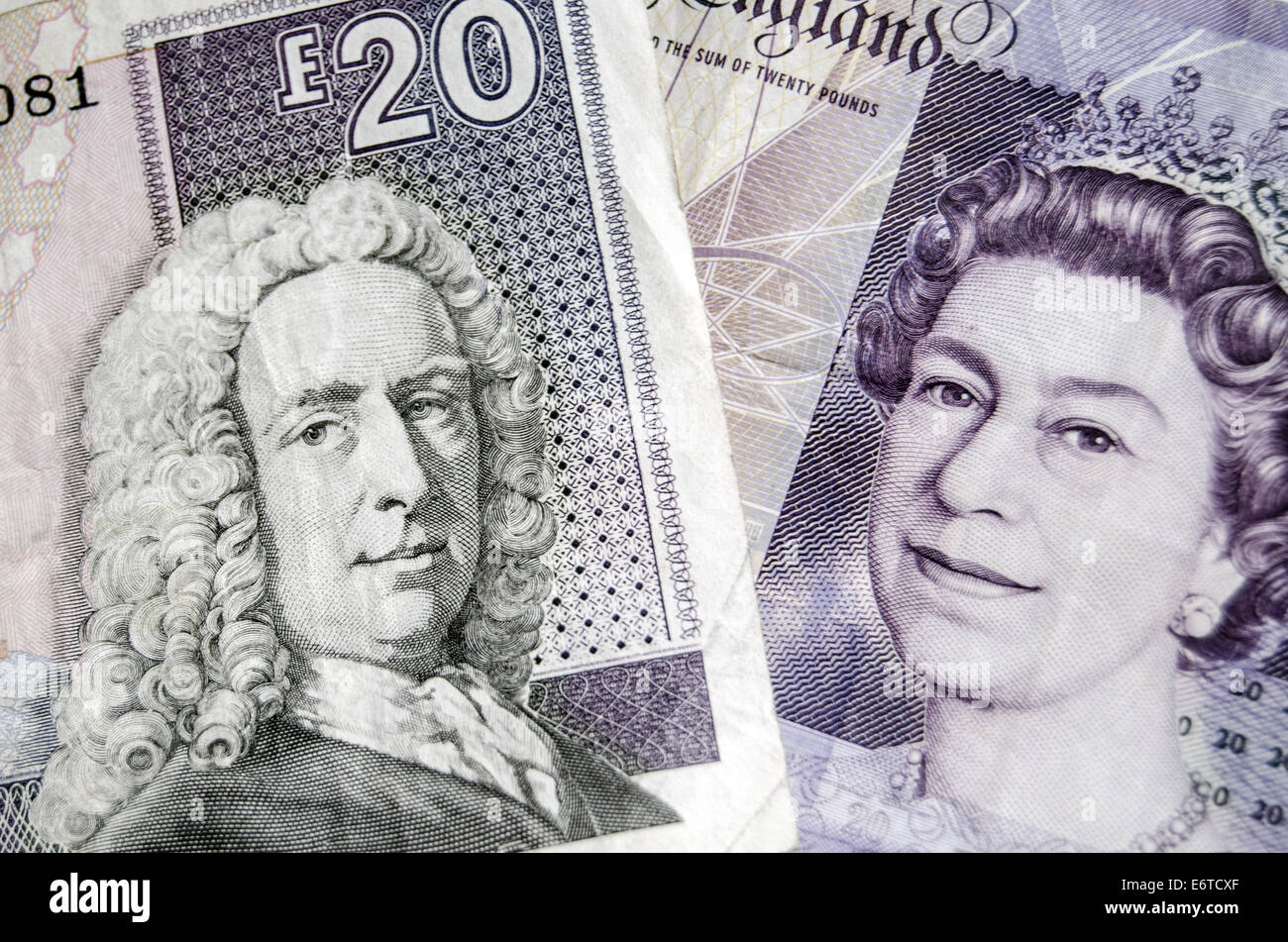 Details of twenty pound banknotes from the Royal Bank of Scotland and Bank of England Stock Photo