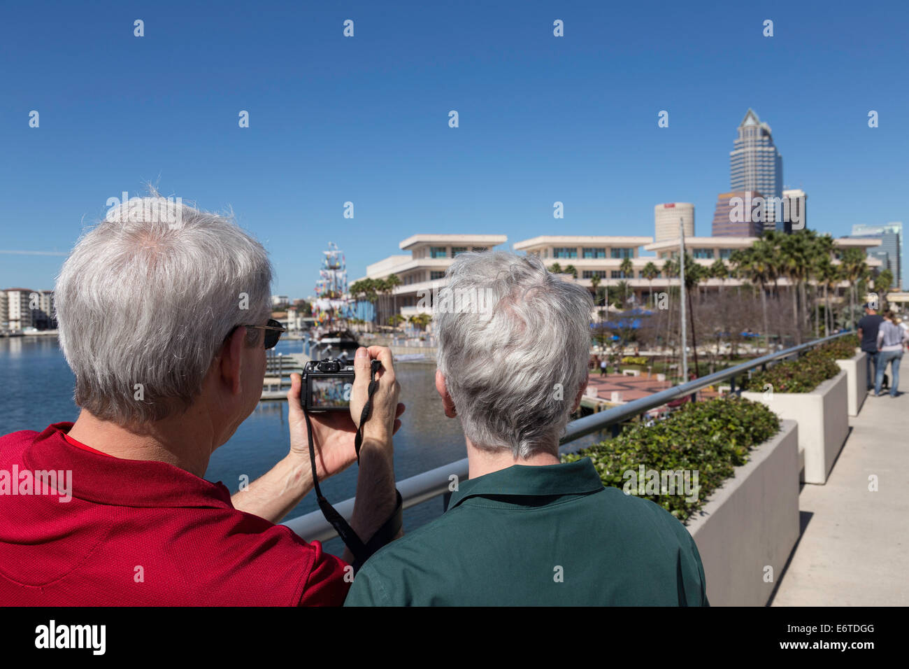 Mature Tourist Couple Photographing Skyline, Tampa Florida Stock Photo