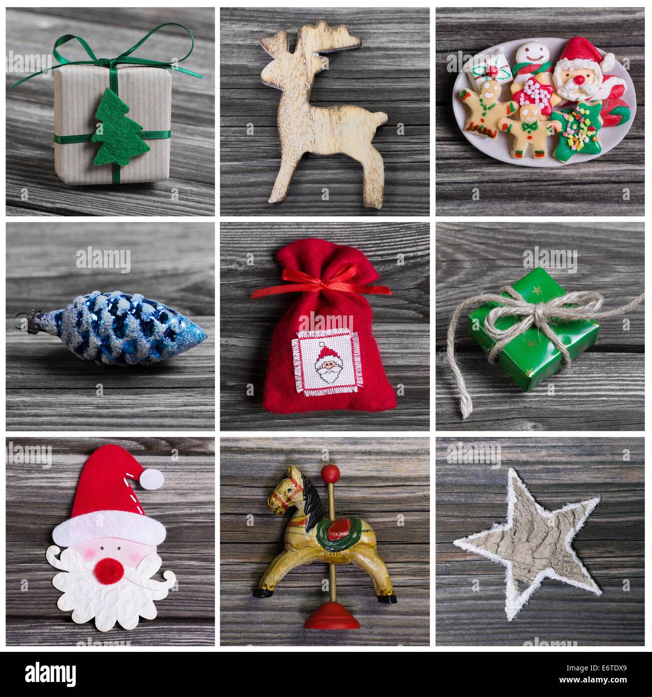 Collage of several different multicolored christmas decorations on grey wood. Stock Photo