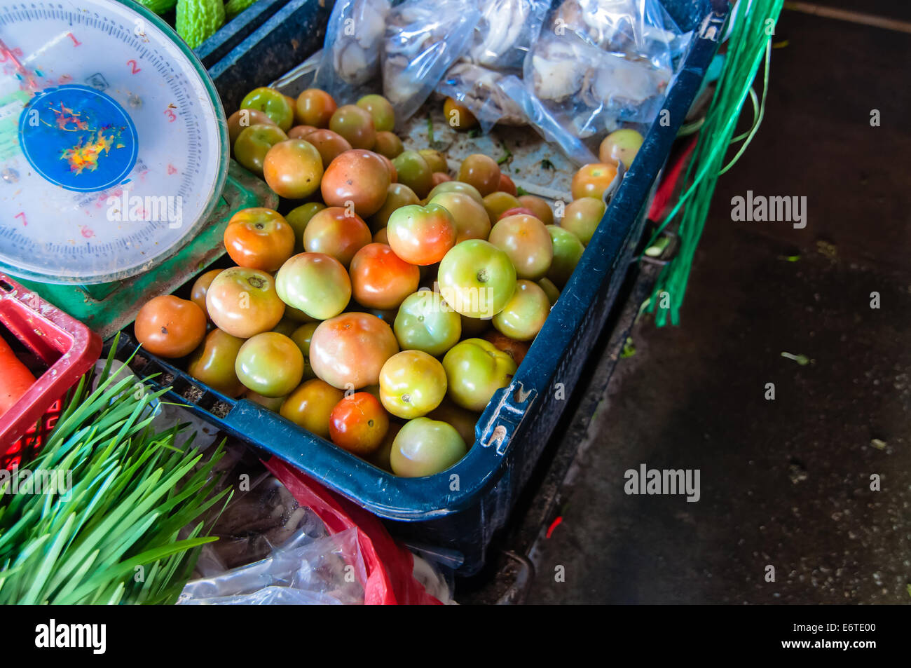 Red and Yellow tomato at wet market Stock Photo