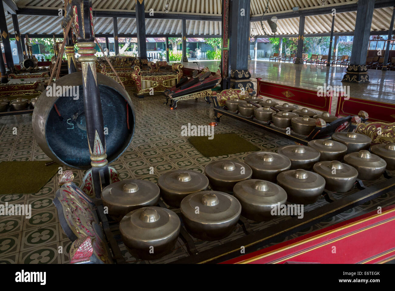 Yogyakarta, Java, Indonesia.  Gongs in the Gamelan Orchestra at the Sultan's Palace. Stock Photo