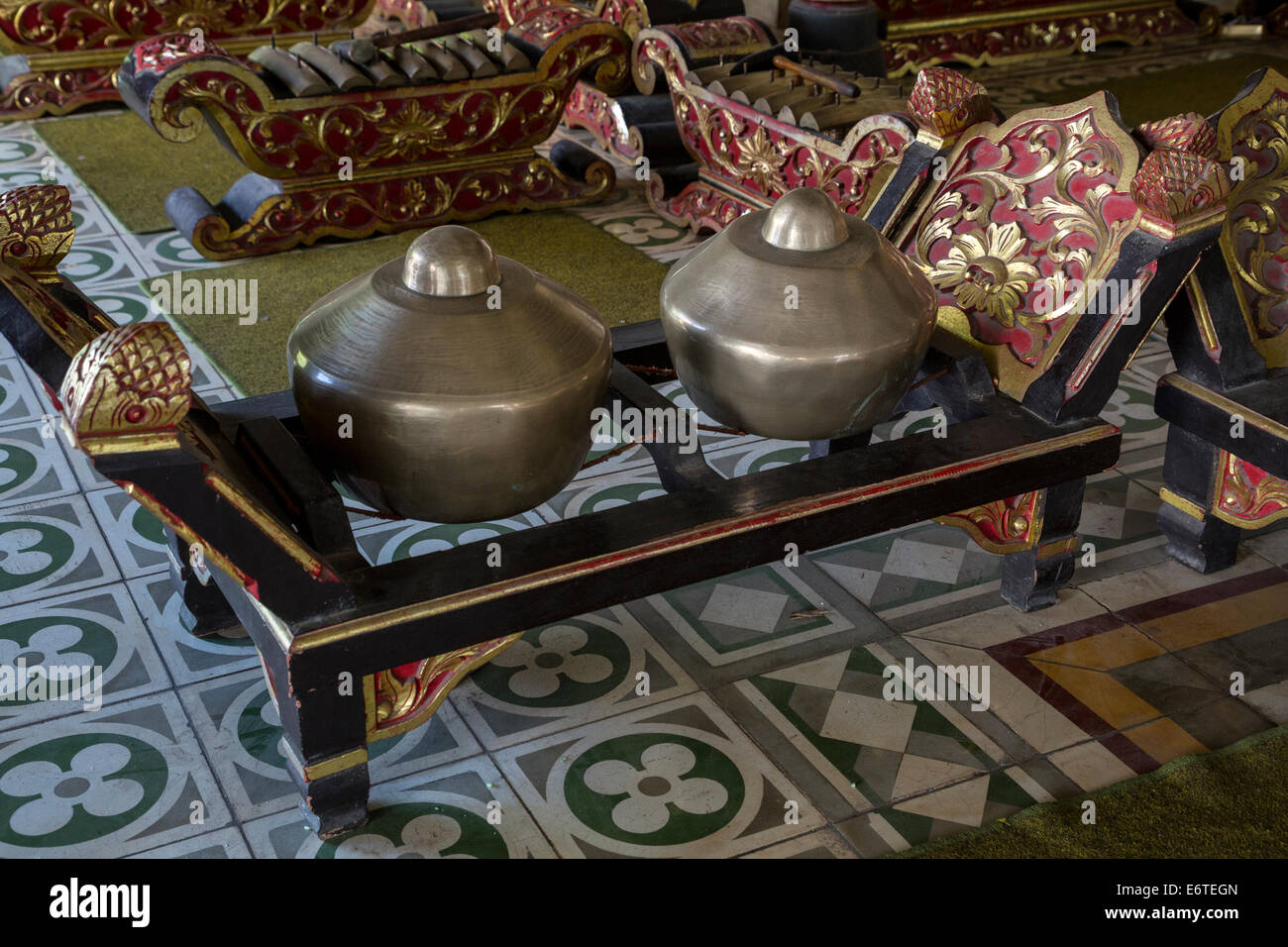 Yogyakarta, Java, Indonesia. Gongs in the Gamelan Orchestra at the
