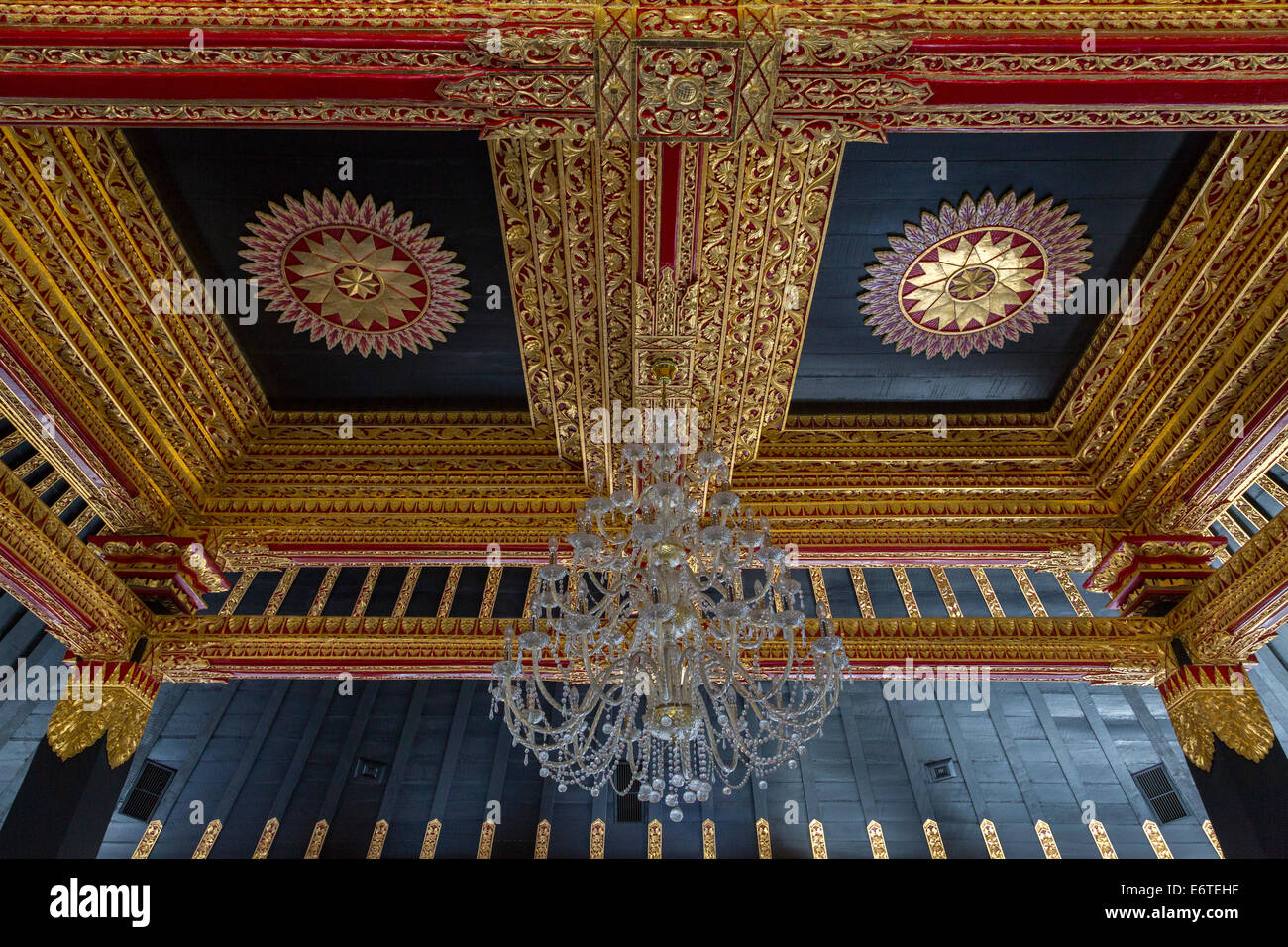 Yogyakarta, Java, Indonesia.  Chandelier and Ceiling of Entrance Hall to the Museum, Sultan's Palace. Stock Photo