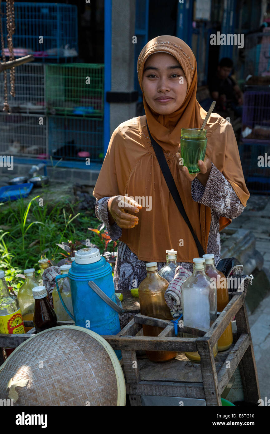 Yogyakarta, Java, Indonesia.  Woman Offering Herbal Drinks as Traditional Medicinal Cures, Bird Market. Stock Photo