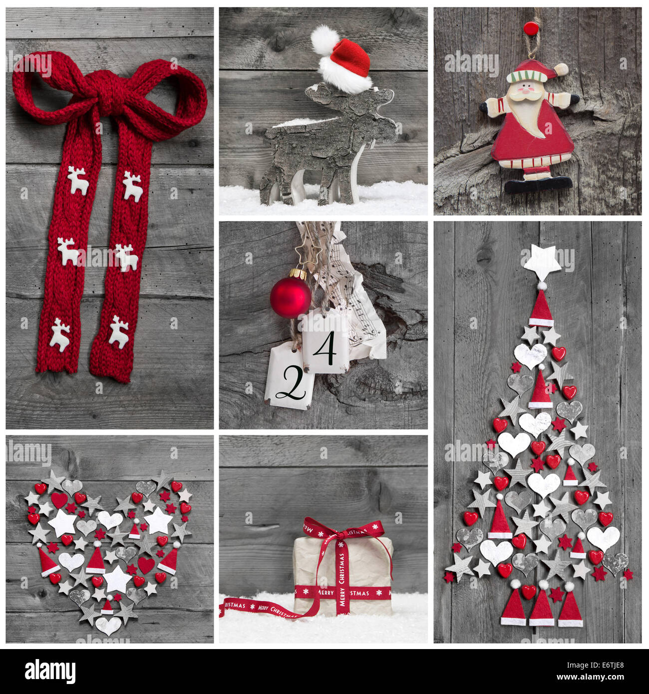 Collage of different red, white and grey christmas decorations on wood. Stock Photo