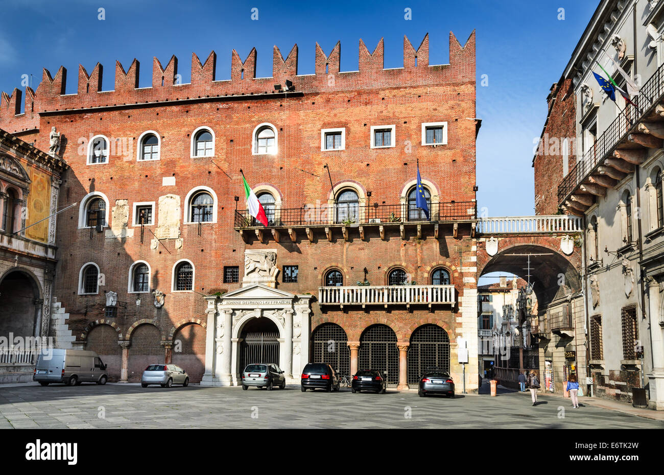 Piazza dei Signori is the civic and political heart of Verona, with the statue of Dante in the middle of square. Northern Italy Stock Photo