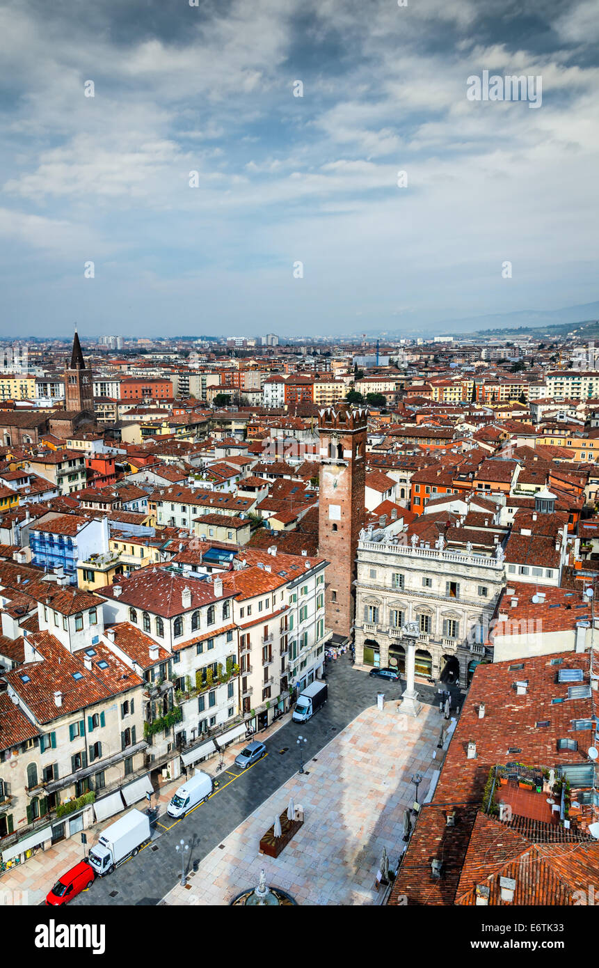 Verona, Italy, Panorama with Piazza delle Erbe and ancient city of Romeo and Julied. Stock Photo