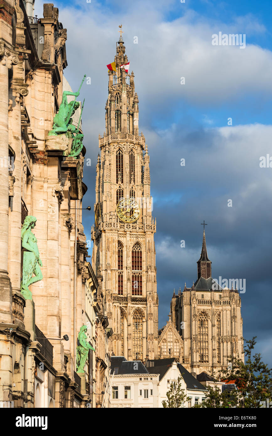 Antwerp Cathedral of Our Lady largest Gothic cathedral in Belgium and Benelux built in 1352, gothic style. Flanders. Stock Photo