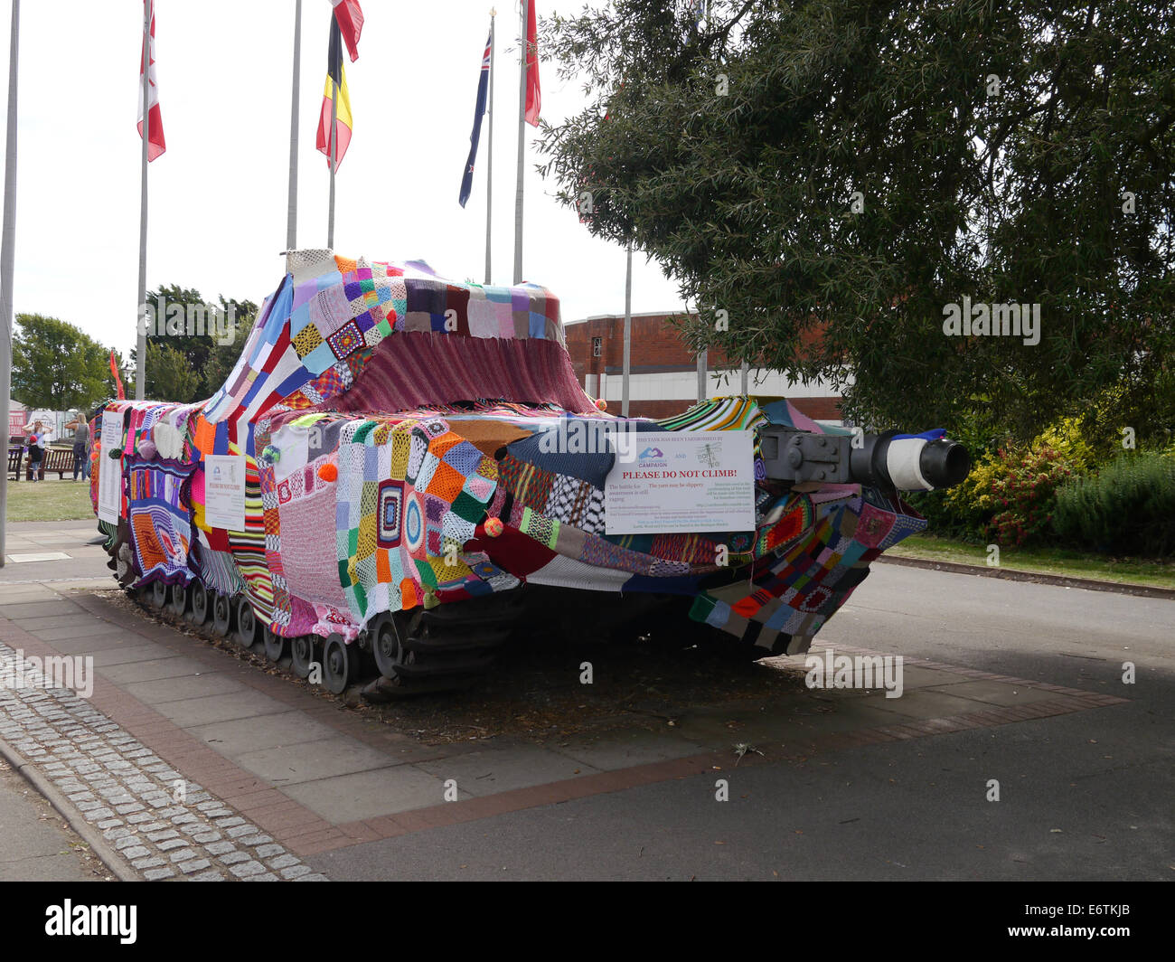 A yarn bombed second world war tank outside Portsmouth D-day museum in Portsmouth, England Stock Photo