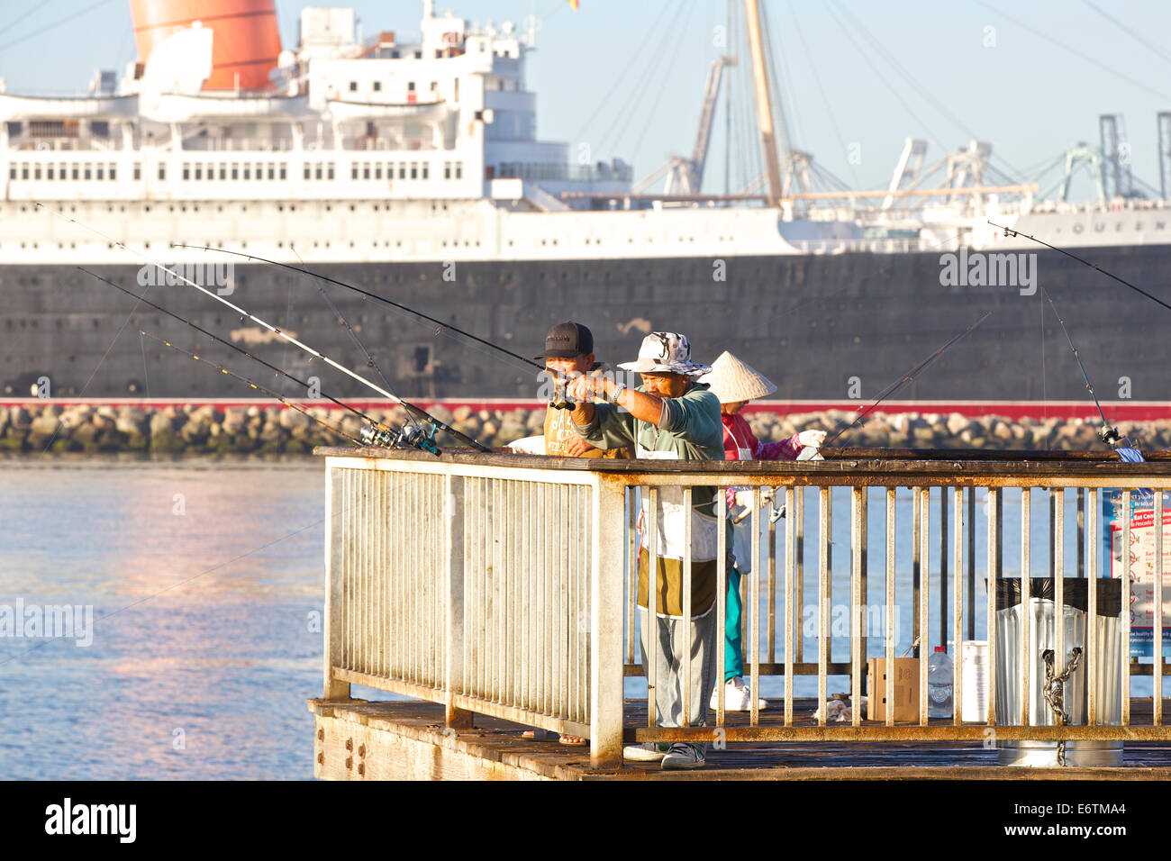 Fishing By The Queen. Long Beach, California. Stock Photo