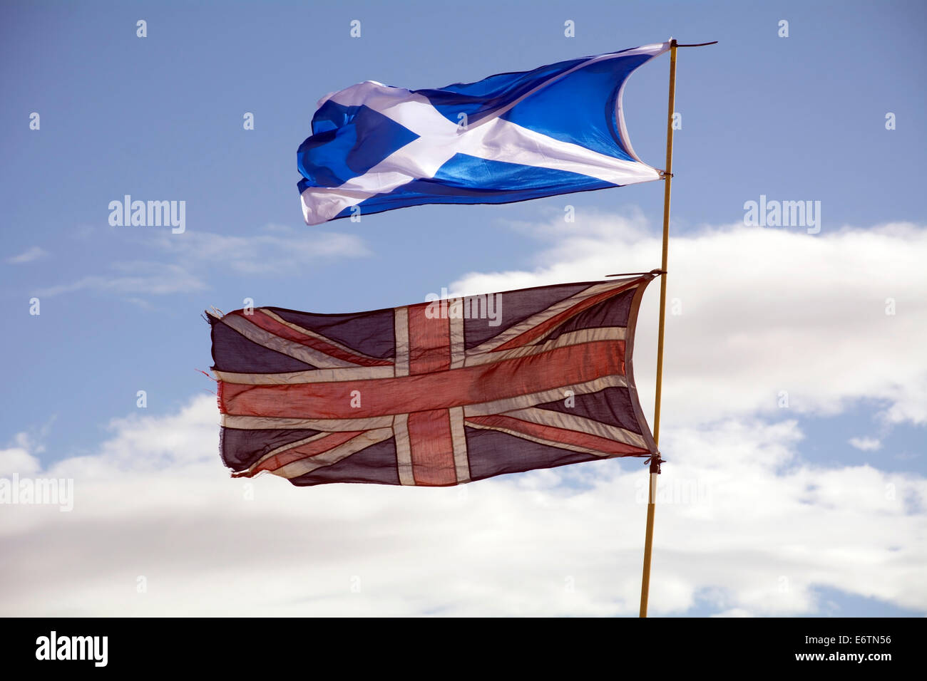 The St Andrew's cross or Saltire flag flying above a Union Jack. Stock Photo
