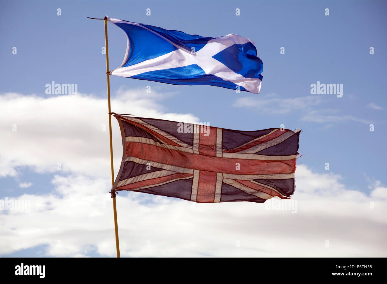 The St Andrew's cross or Saltire flag flying above a Union Jack. Stock Photo