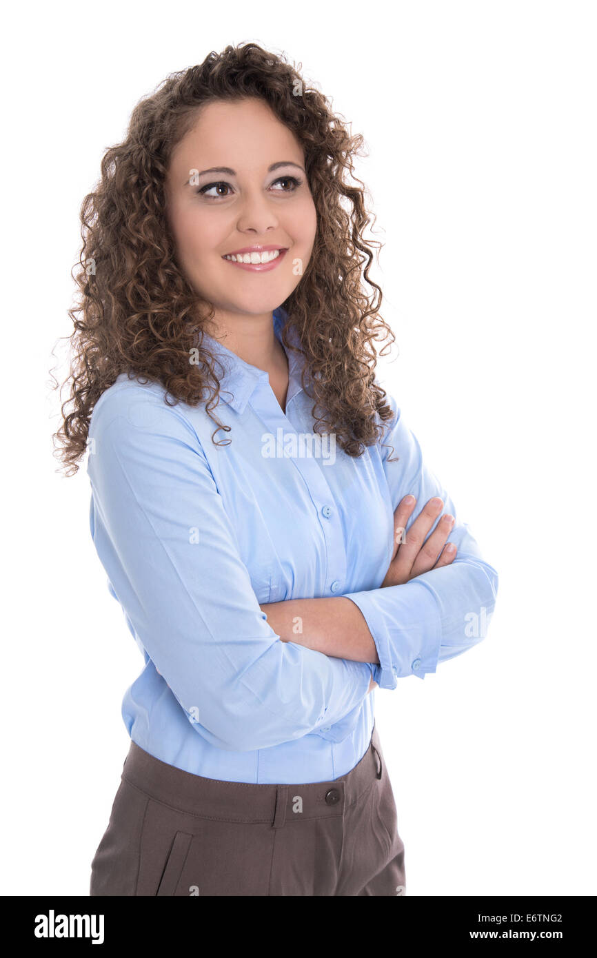 Isolated pretty young businesswoman wearing business outfit in blue looking sideways to text. Stock Photo