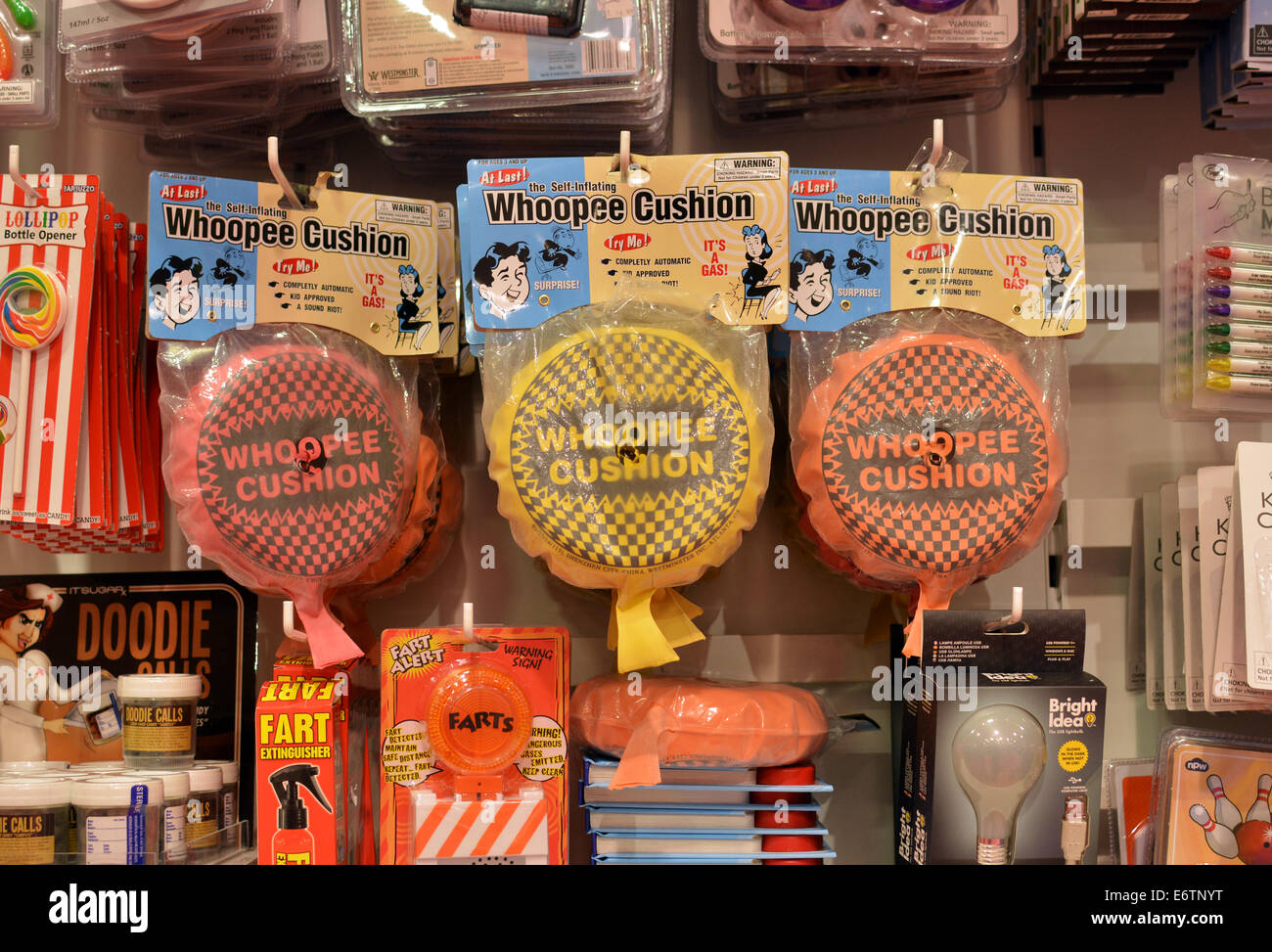 Interior of IT'SUGAR store on Broadway in Greenwich Village. A display of Whoopee Cushions for sale. Stock Photo