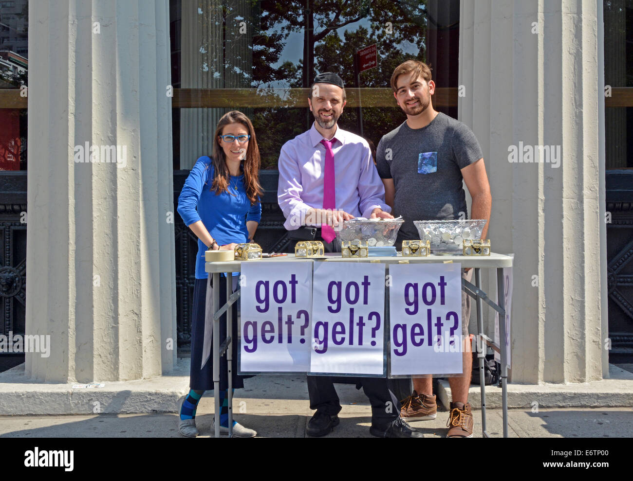 A Rabbi & helpers at a stand encouraging young people to explore ISRAEL BIRTHRIGHT, a free trip to encourage cultural connection Stock Photo