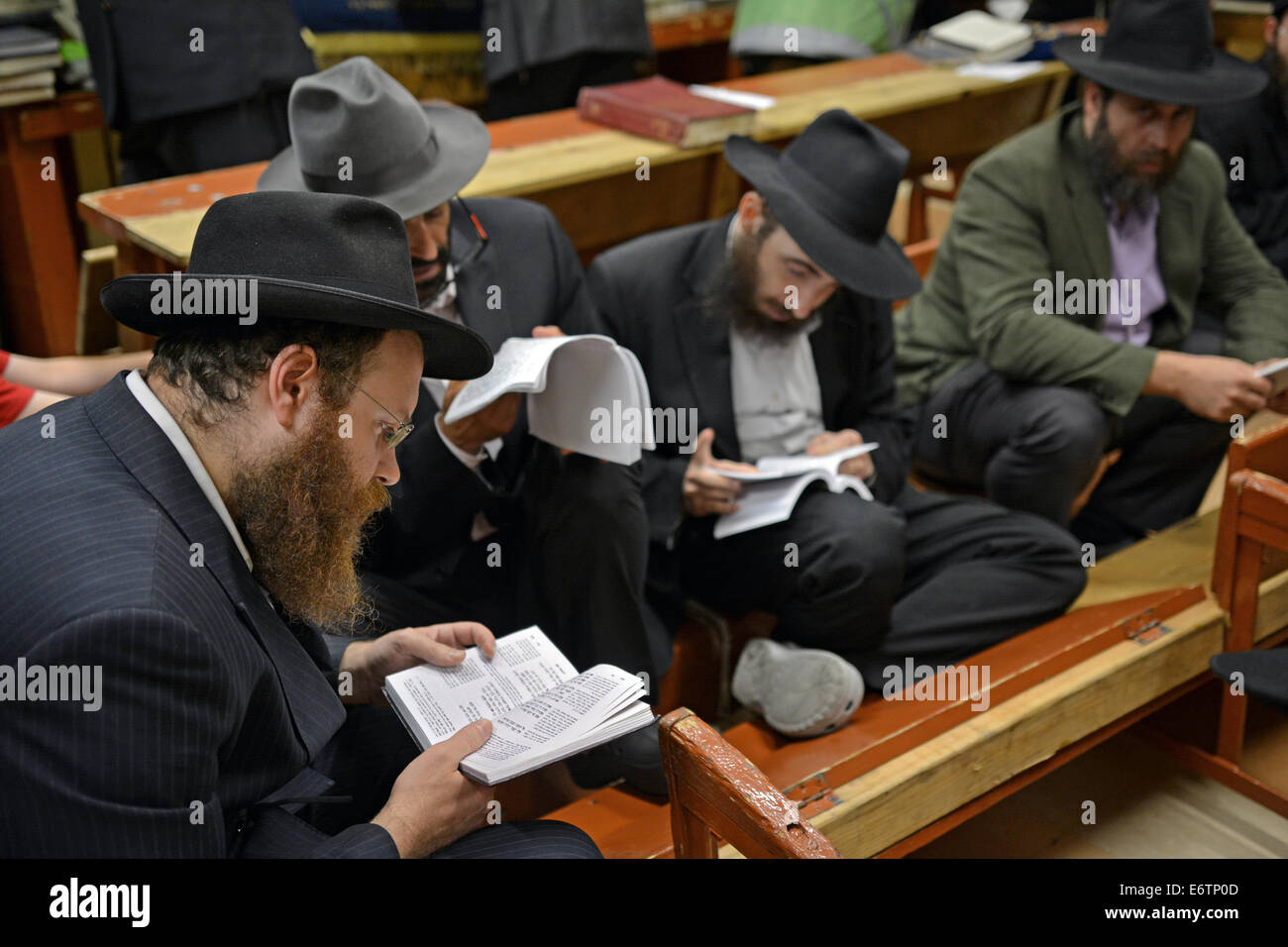 Religious Jewish men praying during Tisha B'Av services in a synagogue in Brooklyn, New York, USA Stock Photo