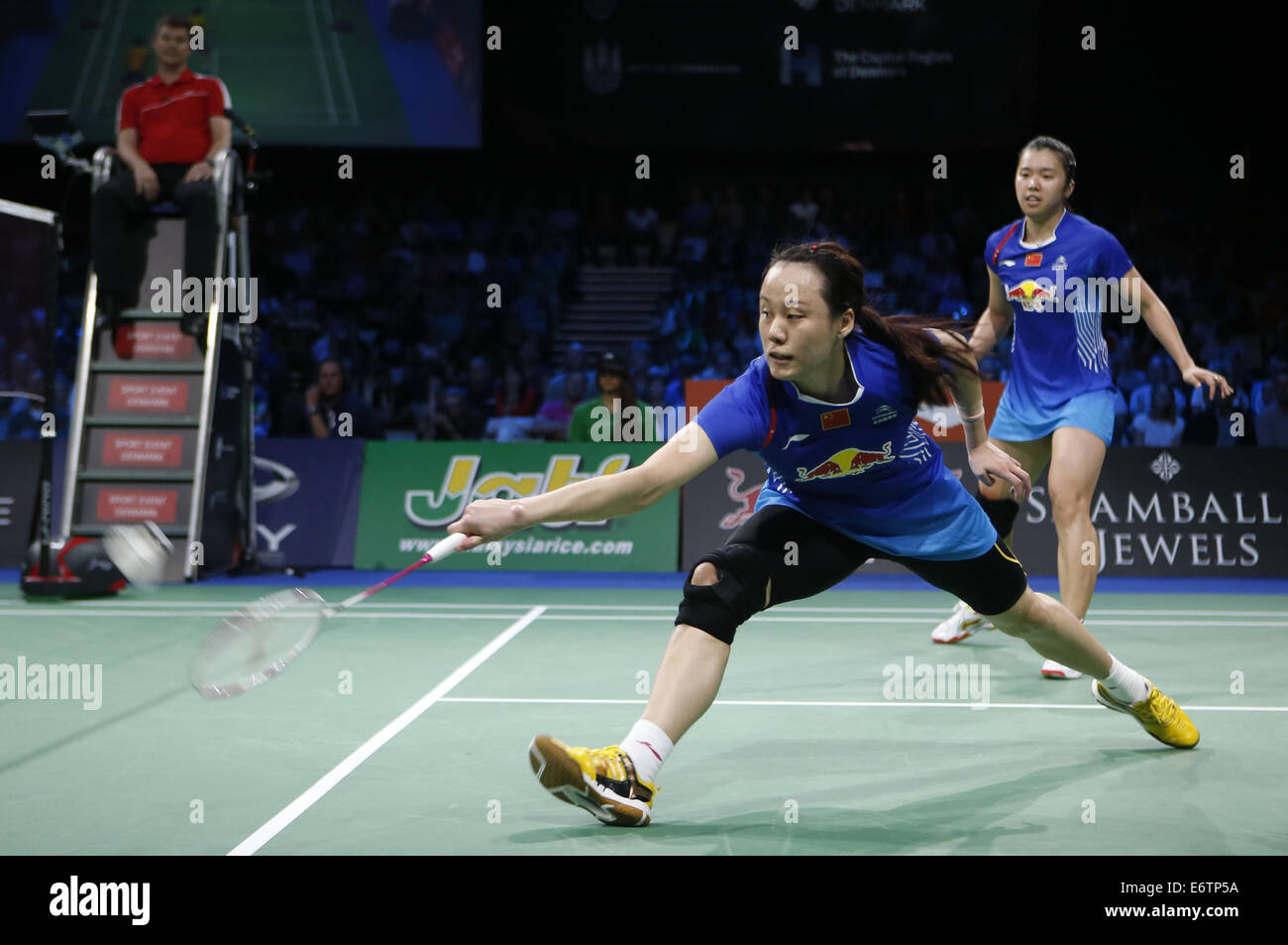 Copenhagen. 31st Aug, 2014. Tian Qing and Zhao Yunlei (L) of China return the shuttle during the Women's Doubles Final against their teammates Wang Xiaoli and Yu Yang on Day 7 of Li Ning BWF World Championships 2014 at Ballerup Super Arena in Copenhagen, Denmark on Aug 31, 2014. Tian and Zhao claimed the championship title by beating their teammates Wang Xiaoli and Yu Yang with 2-0 (21-19, 21-15). Credit:  Wang Lili/Xinhua/Alamy Live News Stock Photo