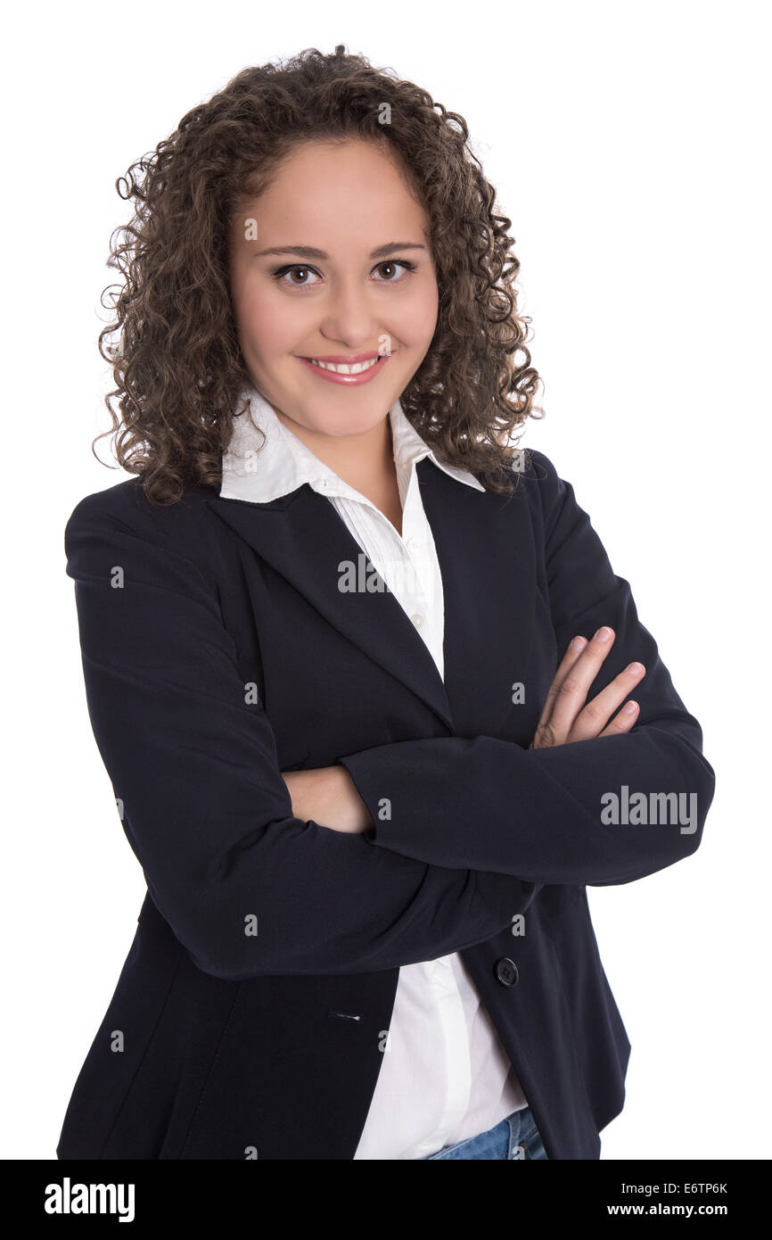 Pretty isolated young businesswoman wearing blazer and blouse. Stock Photo