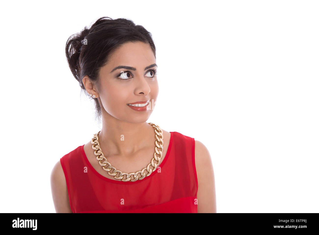 Eyes of a beautiful isolated indian woman looking sideways to text. Stock Photo