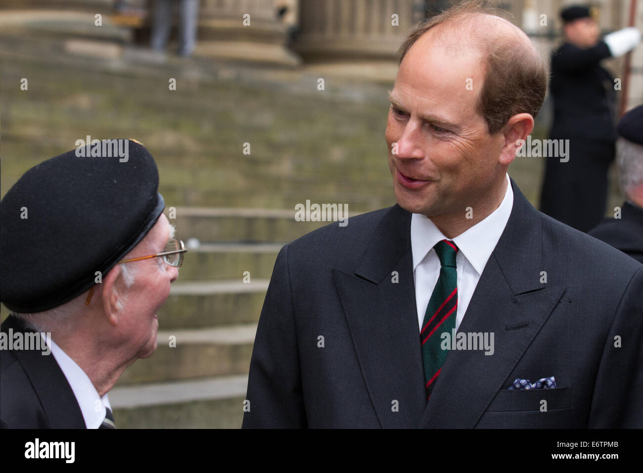 Liverpool, Merseyside, UK 31st August, 2014. H.R.H.  Prince Edward with army veteran Mr Albert Leek, 89  at Liverpool Pals commemoration and the re-enactment of the Liverpool Pals signing up to answer Lord Derby's call for recruits 100 years to the day it happened. Liverpool's success prompted other towns to form units, with civic pride and community spirit driving competition to raise the highest numbers. Stock Photo
