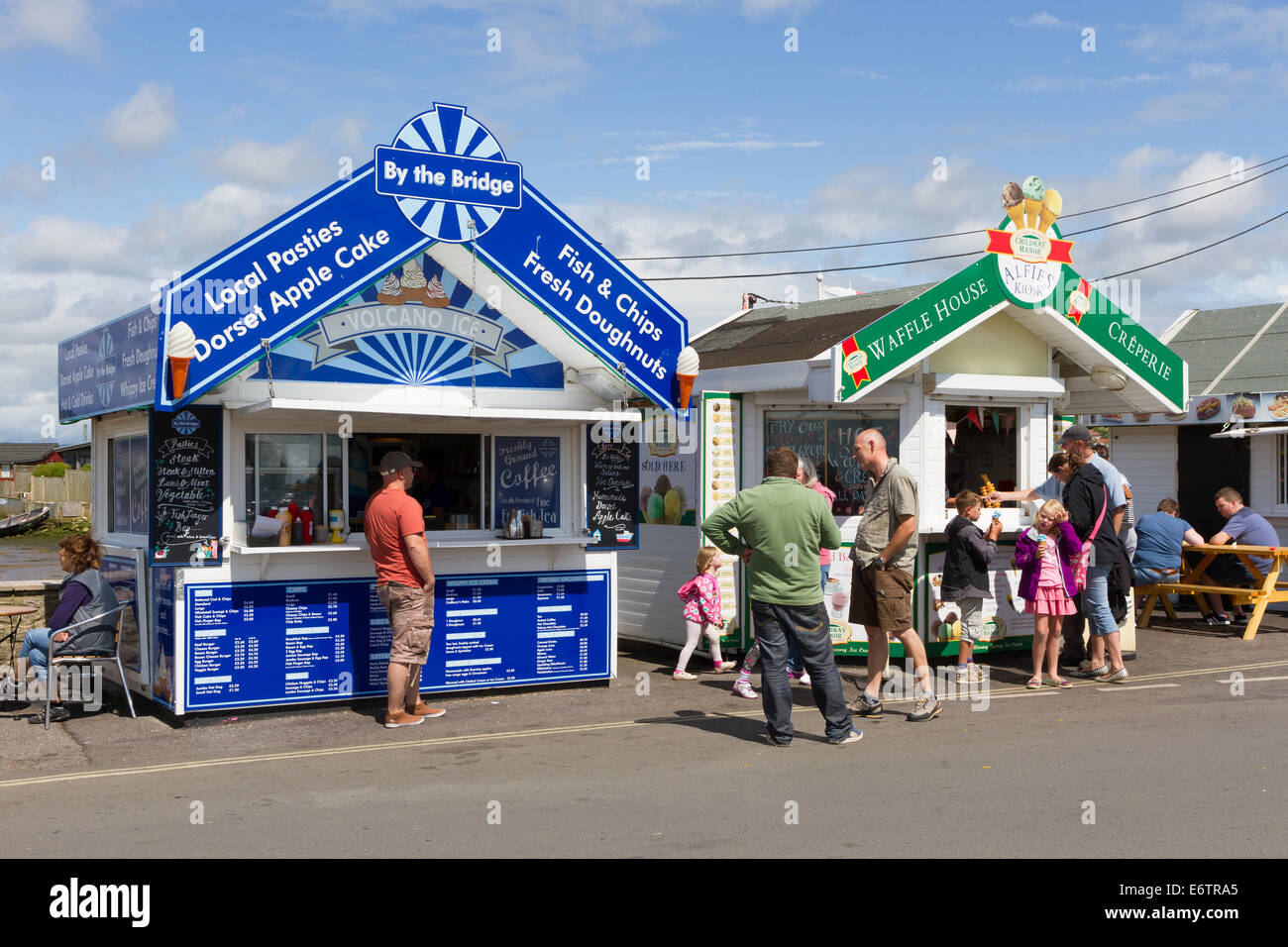 Fish and Chip kiosks at West Bay, Bridport, on the Jurassic Coast in Dorset Stock Photo