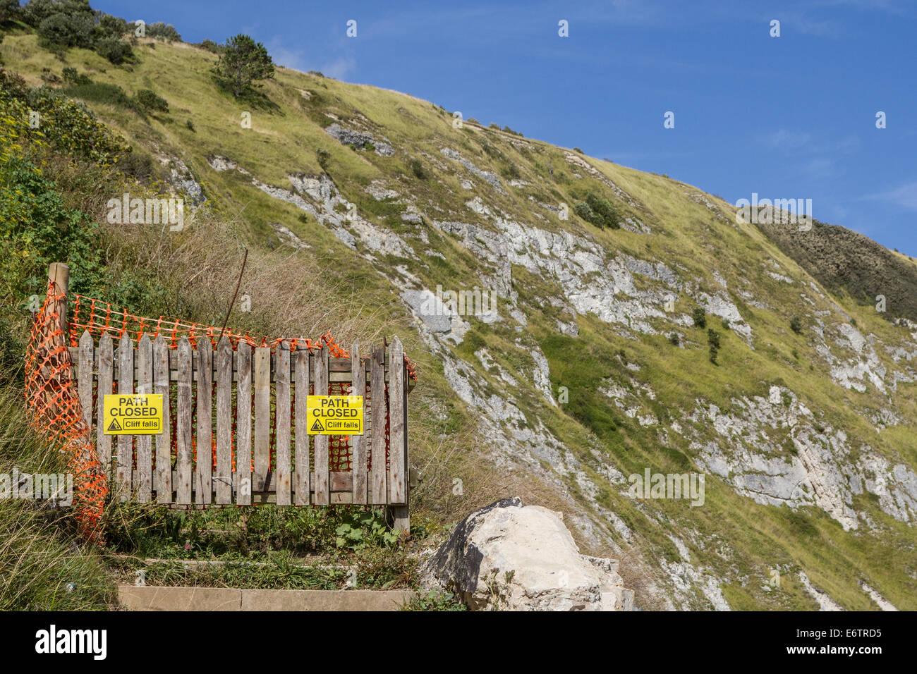 Closed footpath at Lulworth Cove due to erosion Stock Photo