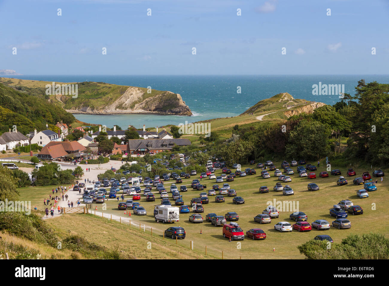 View of Lulworth Cove from the top of the Southwest coastal path Stock Photo