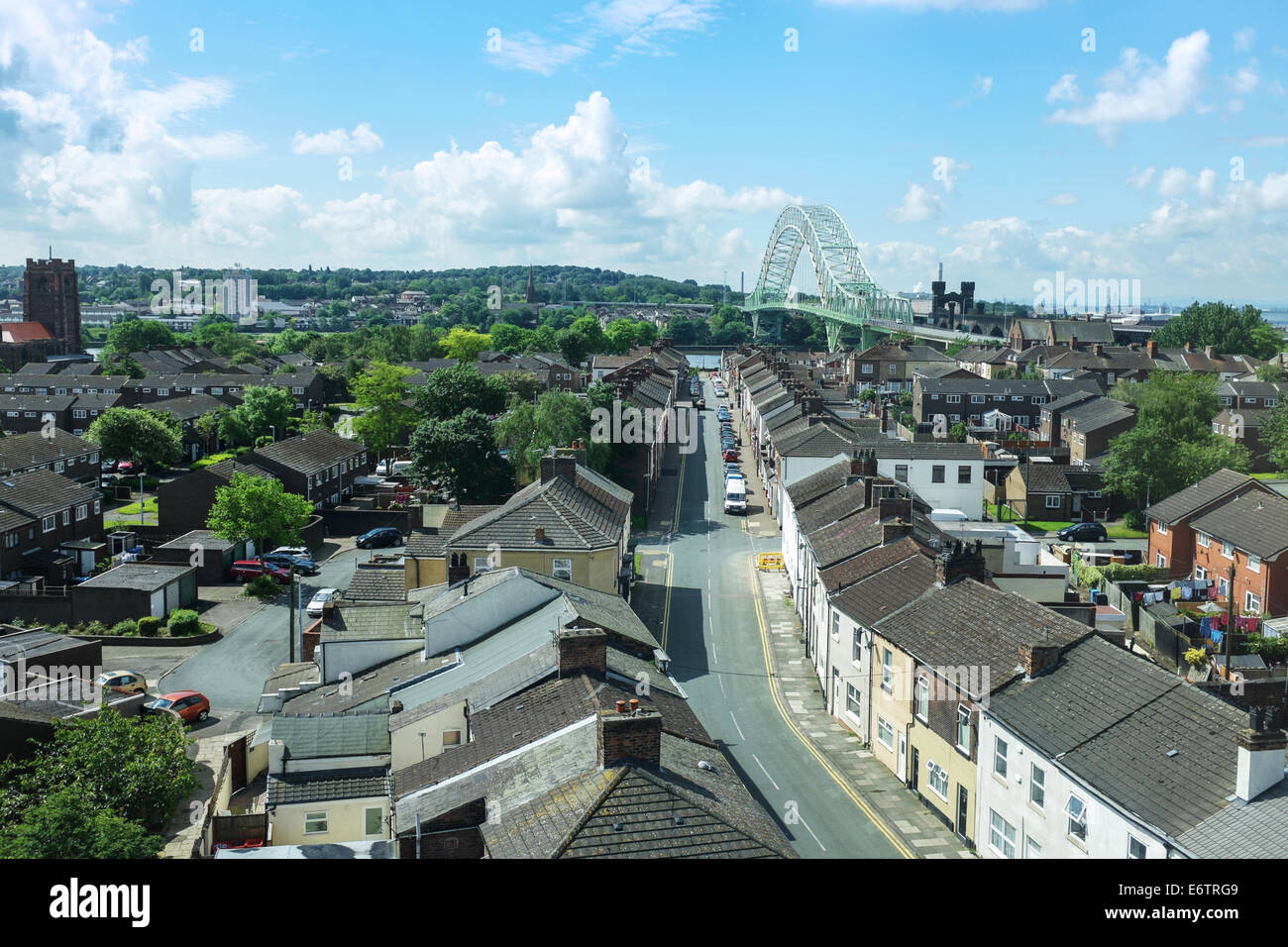 View from Widnes of Runcorn Bridge between Runcorn and Widnes, Cheshire, England, UK Stock Photo