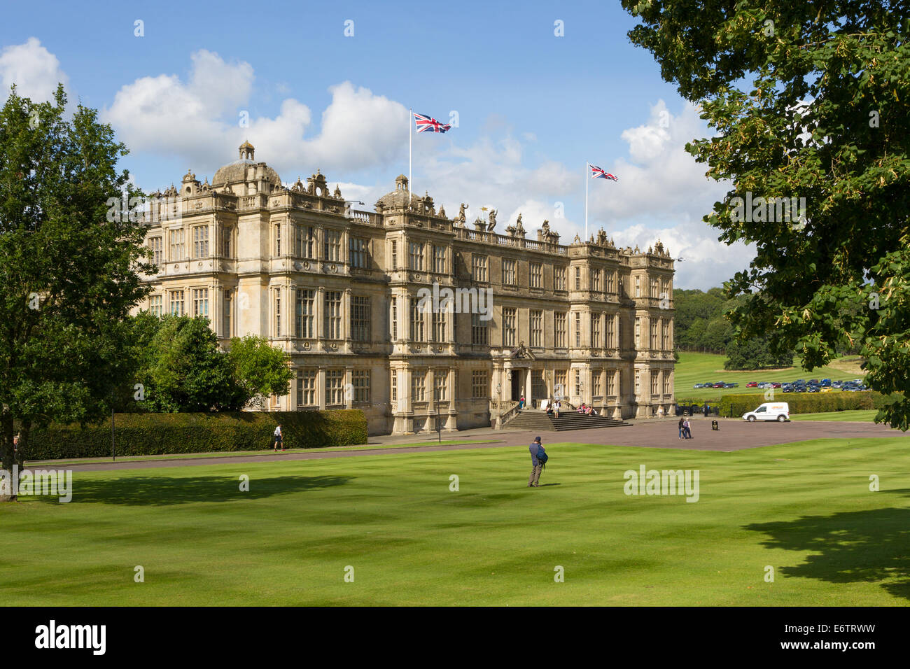 Longleat House with lawn and fountain. Warminster, Wiltshire. Stock Photo